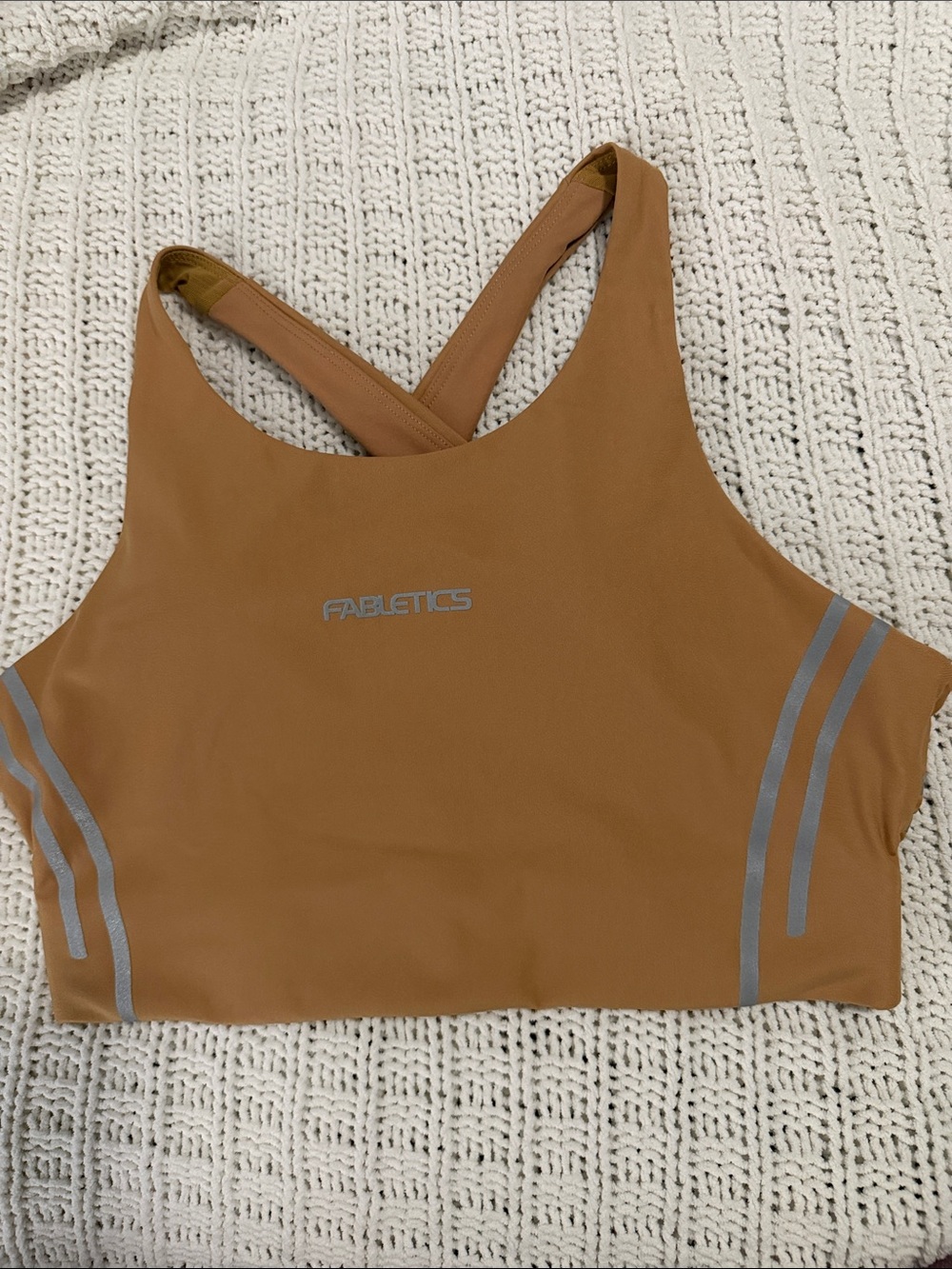 Fabletics Caramel Tan Sports Bra with Reflective Stripes